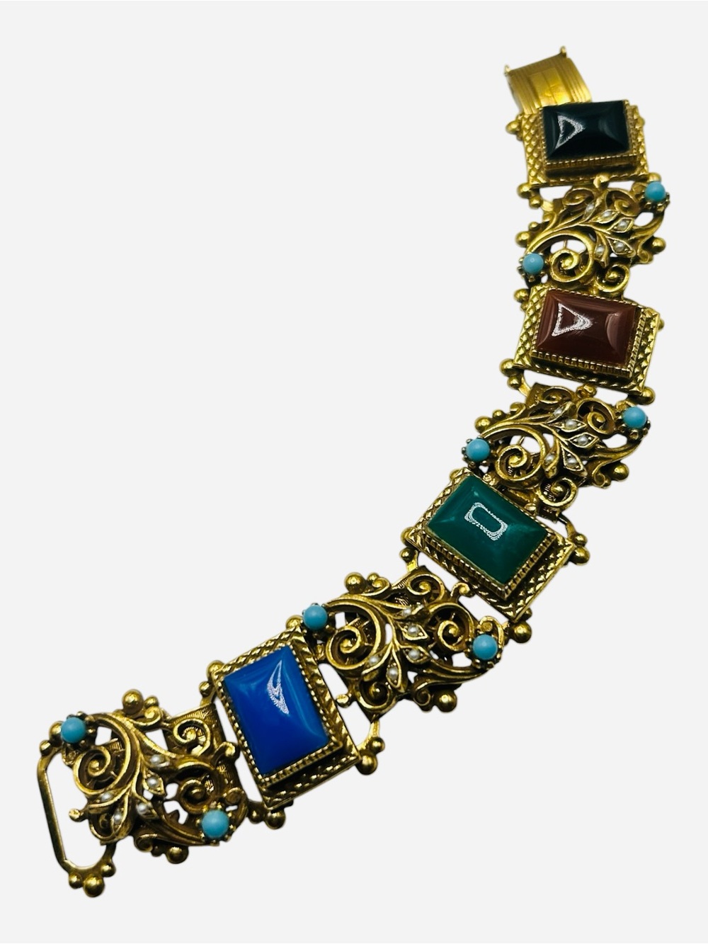 Vintage Victorian Revival Glass Cabochon Ornate Chunky Bracelet